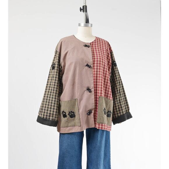 Vintage Cute Dog Lover Plaid Cotton Chore Jacket with Bone Buttons M L - Picture 2 of 8